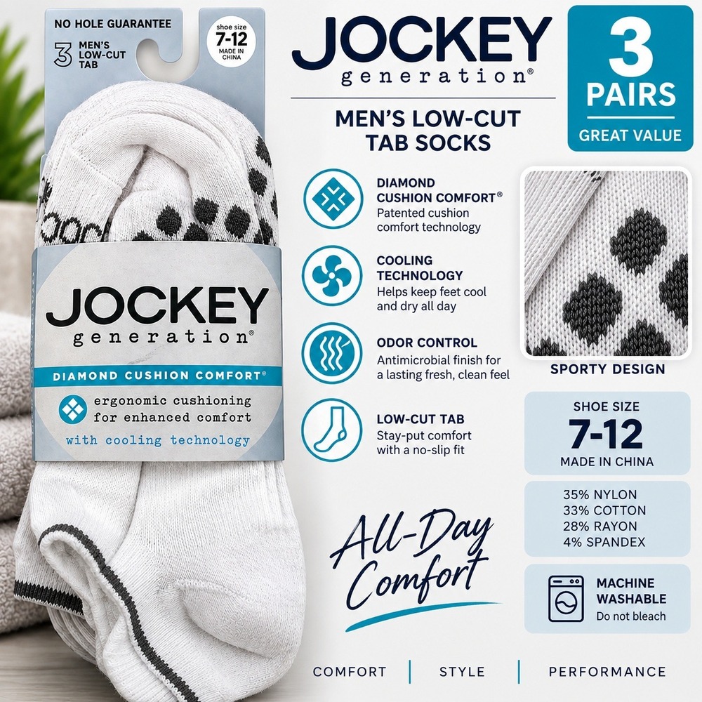 Jockey Generation Mens Low-Cut Tab Socks 3 Pairs White Size 7-12 Sport New